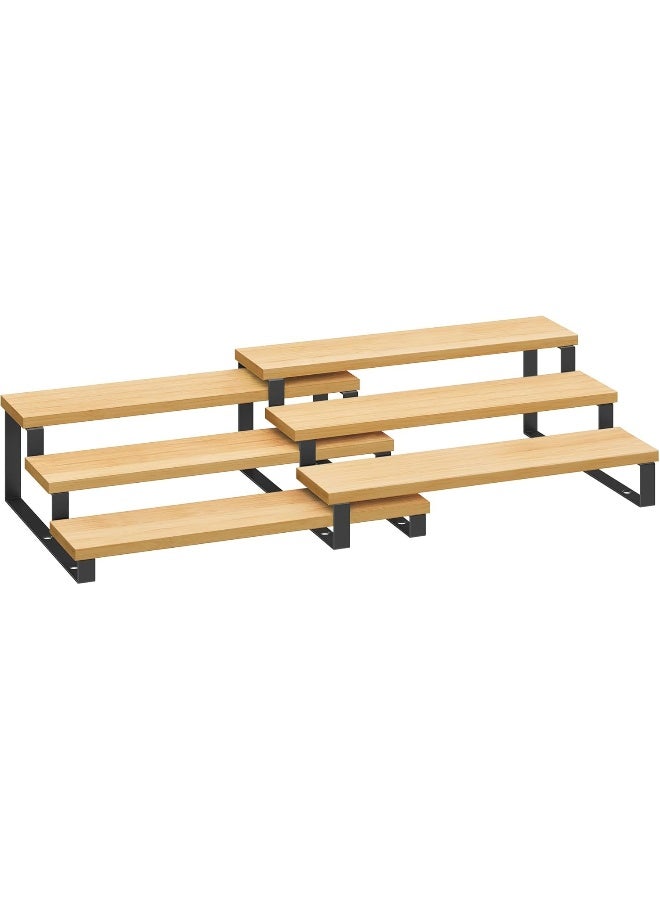 SONGMICS رف توابل SONGMICS، مجموعة من 2 منظم رفوف الخزائن، حامل توابل قابل للتمديد 3 طبقات، من الخيزران، قابل للتكديس، للمخزن، الخزانة، سطح الطاولة، طبيعي وأسود - Image 1