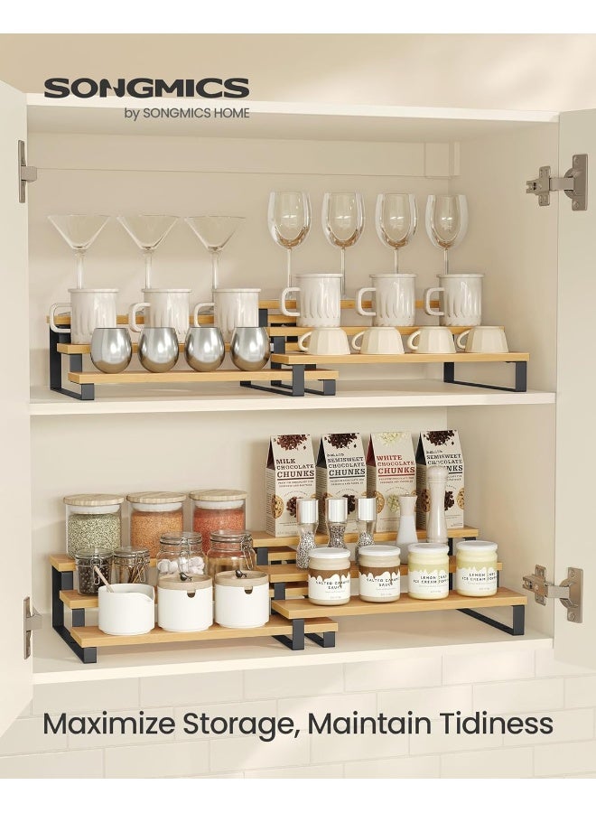 SONGMICS رف توابل SONGMICS، مجموعة من 2 منظم رفوف الخزائن، حامل توابل قابل للتمديد 3 طبقات، من الخيزران، قابل للتكديس، للمخزن، الخزانة، سطح الطاولة، طبيعي وأسود - Image 2