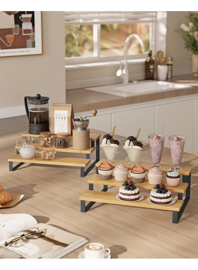 SONGMICS رف توابل SONGMICS، مجموعة من 2 منظم رفوف الخزائن، حامل توابل قابل للتمديد 3 طبقات، من الخيزران، قابل للتكديس، للمخزن، الخزانة، سطح الطاولة، طبيعي وأسود - Image 3