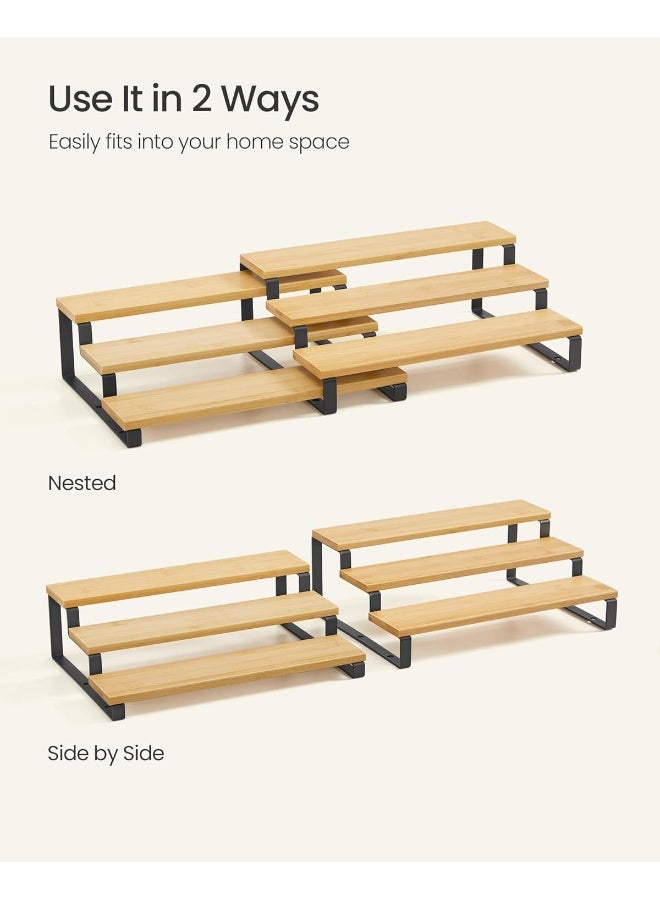 SONGMICS رف توابل SONGMICS، مجموعة من 2 منظم رفوف الخزائن، حامل توابل قابل للتمديد 3 طبقات، من الخيزران، قابل للتكديس، للمخزن، الخزانة، سطح الطاولة، طبيعي وأسود - Image 4