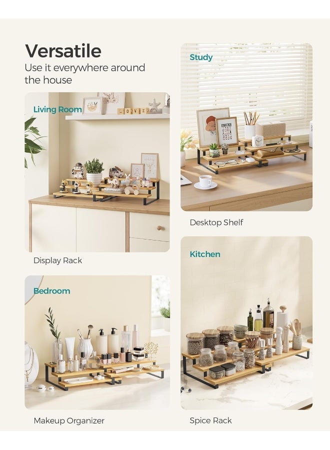 SONGMICS رف توابل SONGMICS، مجموعة من 2 منظم رفوف الخزائن، حامل توابل قابل للتمديد 3 طبقات، من الخيزران، قابل للتكديس، للمخزن، الخزانة، سطح الطاولة، طبيعي وأسود - Image 5