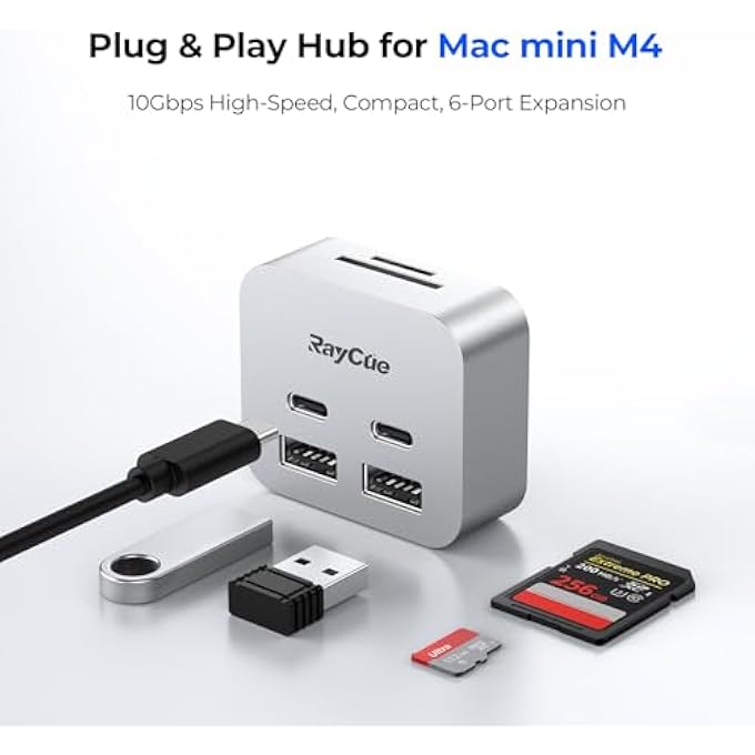 rayihni مينيبك توسيع دوك لماك ميني M4 | محور USB-C بـ 6 منافذ مع محولات مزدوجة بسرعة 10 جيجابت في الثانية، 2 * 10G USB-C/ 2 * 10G USB-A/ قارئ بطاقات SD TF 3.0 | نقل بيانات عالي السرعة وتوصيل متعدد الأجهزة - Image 2