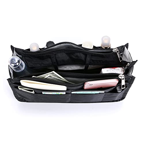 BTSKY Printing Handbag Organizers Inside Purse Insert - High Capacity 13 Pockets Bag Tote Organizer with Handle (Black) - Image 3