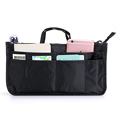 BTSKY Printing Handbag Organizers Inside Purse Insert - High Capacity 13 Pockets Bag Tote Organizer with Handle (Black) - Image 2