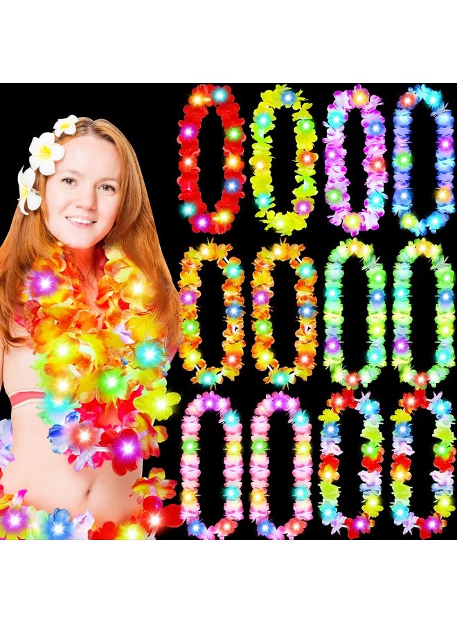 Giegxin 12 Pcs Led Hawaiian Leis Light Up Flower Leis Tropical Glow Necklaces Lighted Leis Artificial Rainbow Lei For Kids Adults Hawaii Luau Themed Party Carnival Beach Wedding Masquerade (Multicolor) - Image 1