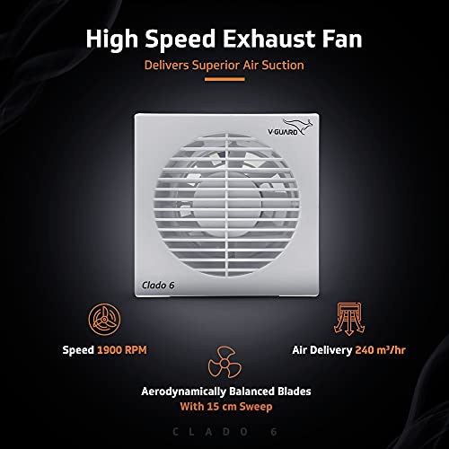 V-Guard Clado 6 Exhaust Fan 150 mm (6″) | High-Speed 1900 RPM Motor | 240 m³/h Strong Airflow | 9 ABS Blades for Quick Ventilation | Stylish Wall Mount | Energy-Efficient & Quiet Operation | White - Image 2
