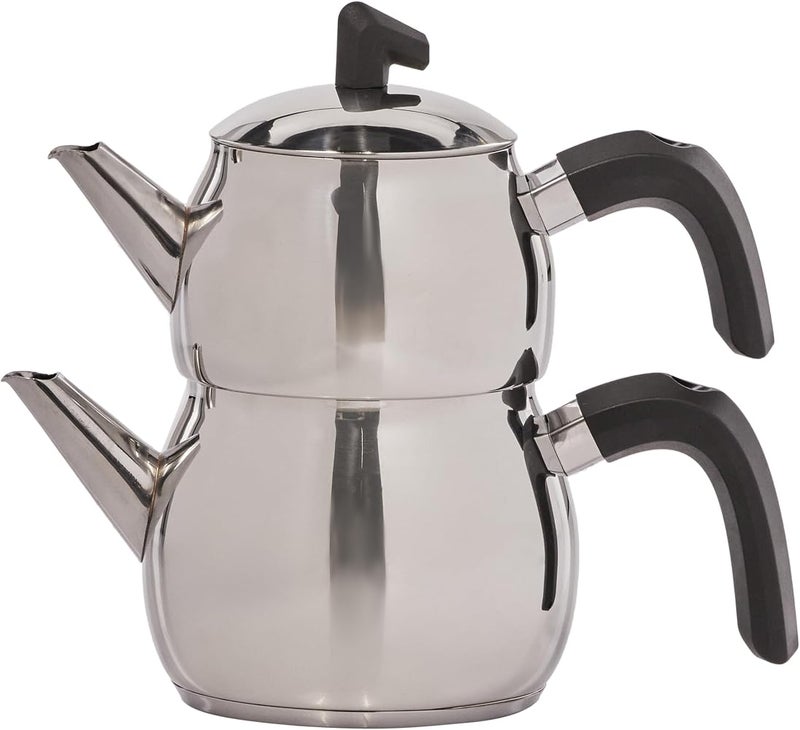 Karaca Manes Medium Turkish Teapot Set - Stainless Steel Teapot with Lid - (Turkish Tea Pot 1.35 Liters & Water Tank 1.95 Liters) - Non-Burning Bakelite Handles Midi Tea Maker & Induction Tea Kettle - Image 3