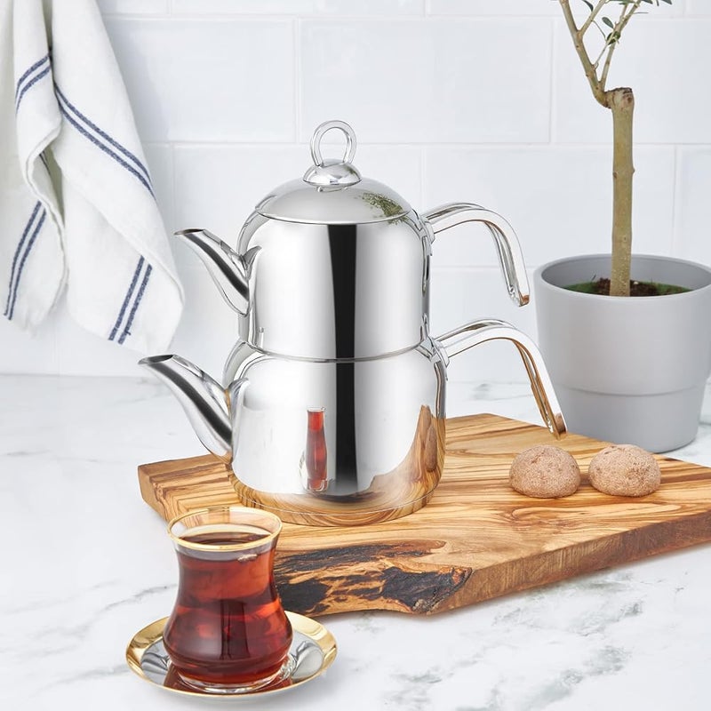Karaca Manes Medium Turkish Teapot Set - Stainless Steel Teapot with Lid - (Turkish Tea Pot 1.35 Liters & Water Tank 1.95 Liters) - Non-Burning Bakelite Handles Midi Tea Maker & Induction Tea Kettle - Image 1