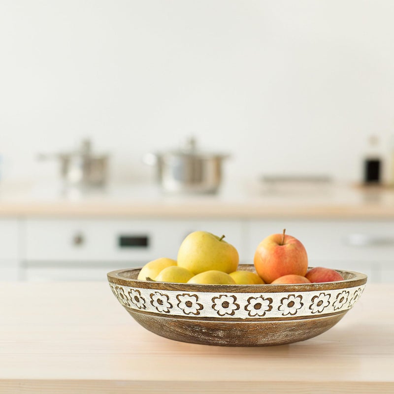 House of Sajja Wooden Serving Bowl for Fruits and Snacks in White Inlay Work - Image 1