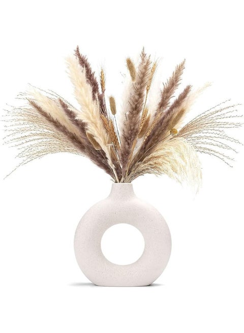 Cemabt Vase For Pampas Grass, Ceramic Vase, White Doughnut Vase, Round Shape, Modern Vase, White Round Vase, Abstraction Flowers Vase For Home Office Decor, Beige Vase