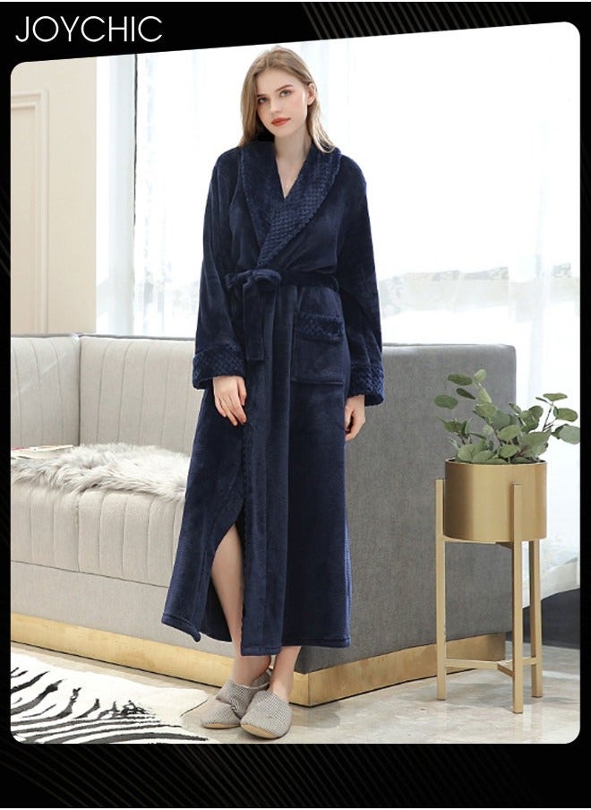 NIBEMINENT New Style Female Pajamas Autumn and Winter Long-sleeved Nightgown Flannel Thickened Warm Windproof Sleep Robe for Bedroom Home Navy Blue  - Image 1
