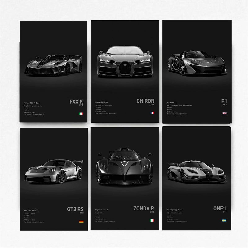 Dujoi Super Car Poster Racing Car Wall Art For Home Decor Car Prints For Walls FXXK CHIRON P1 911GT3 RS ZONDA R ONE:1 Cardstock Posters Set Of 6(Unframe 8x12inch) - Image 1