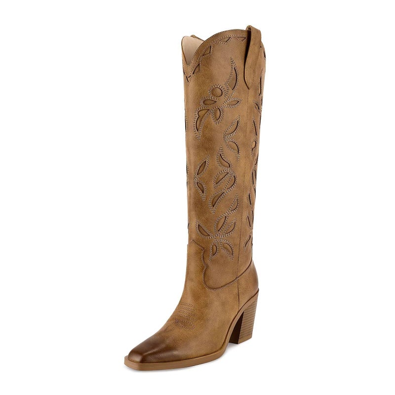 ISNOM Brown Knee High Cowboy Boots for Women With High Heeled Chunky Pointed Toe Western Cowgirl Tall Womens Cowboy Boots Long Country Western Cowgirl Boot for Music Festival Themed Party Size 8.5 - Image 1