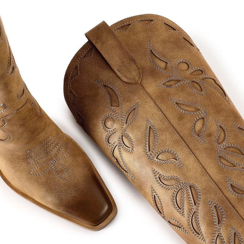 ISNOM Brown Knee High Cowboy Boots for Women With High Heeled Chunky Pointed Toe Western Cowgirl Tall Womens Cowboy Boots Long Country Western Cowgirl Boot for Music Festival Themed Party Size 8.5 - Image 4