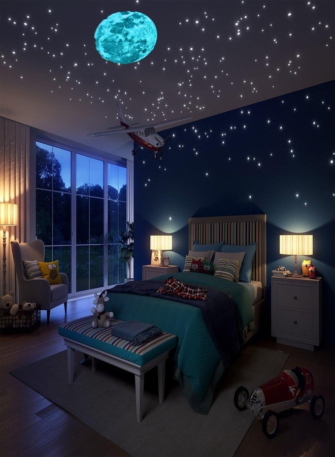 Desi Rang Glow in The Dark Stars & Moon (407 Tiny Stars, one 30 cm Moon, Blue) Wall Stickers 3D Luminous Ceiling Decals for Kids Bedroom, Nursery & Home Decor Self-Adhesive Radium Starry Sky Set - Image 3