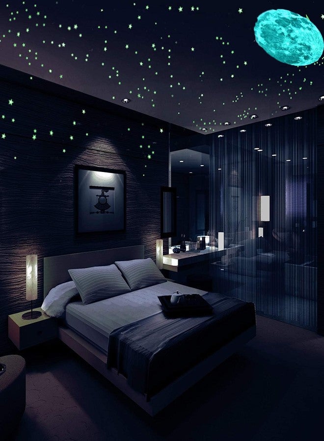 Desi Rang Glow in The Dark Stars & Moon (407 Tiny Stars, one 30 cm Moon, Blue) Wall Stickers 3D Luminous Ceiling Decals for Kids Bedroom, Nursery & Home Decor Self-Adhesive Radium Starry Sky Set - Image 5