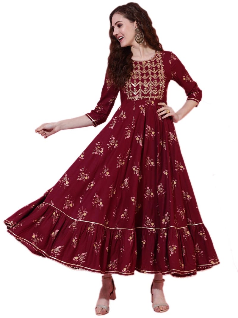 LAVANDIS Anarkali Kurti for Womens Printed Rayon Long Gown Kurta Dress Casual Wear Maroon - Image 1