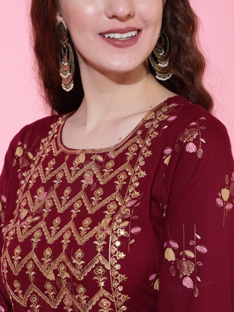 LAVANDIS Anarkali Kurti for Womens Printed Rayon Long Gown Kurta Dress Casual Wear Maroon - Image 3