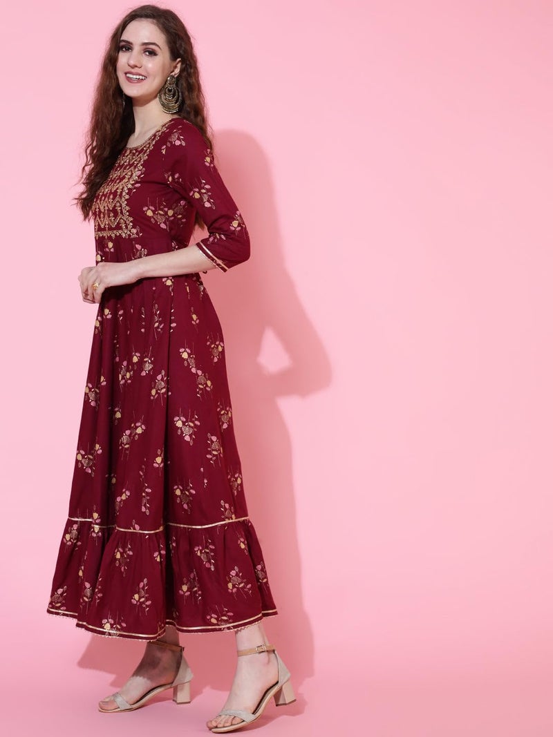 LAVANDIS Anarkali Kurti for Womens Printed Rayon Long Gown Kurta Dress Casual Wear Maroon - Image 4