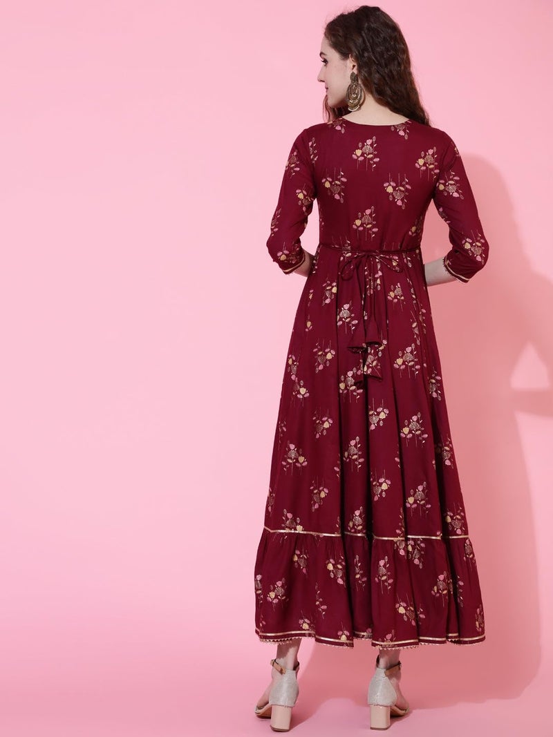 LAVANDIS Anarkali Kurti for Womens Printed Rayon Long Gown Kurta Dress Casual Wear Maroon - Image 2