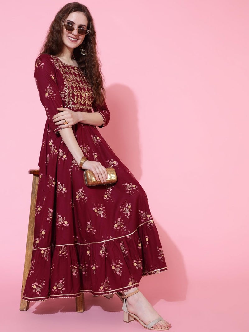 LAVANDIS Anarkali Kurti for Womens Printed Rayon Long Gown Kurta Dress Casual Wear Maroon - Image 5