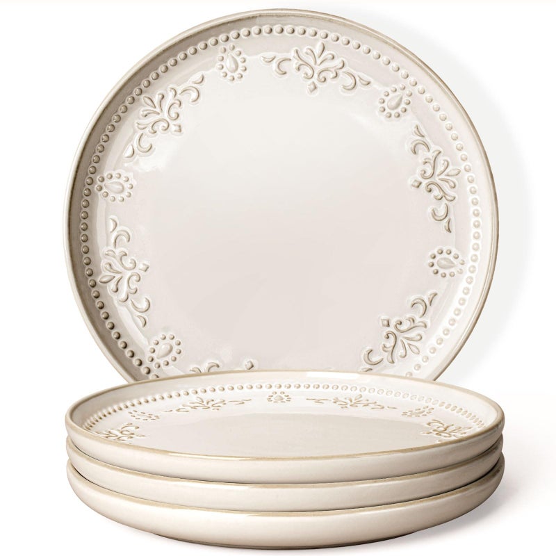 Artena Large Ceramic Dinner Plates Set Of 4, 10.75 Inch Embossed Kitchen Salad Plates, Modern Serving Plates For Restaurant, Plates With Lipped Edges, Microwave Dishwasher Safe (Damask Floral) - Image 1