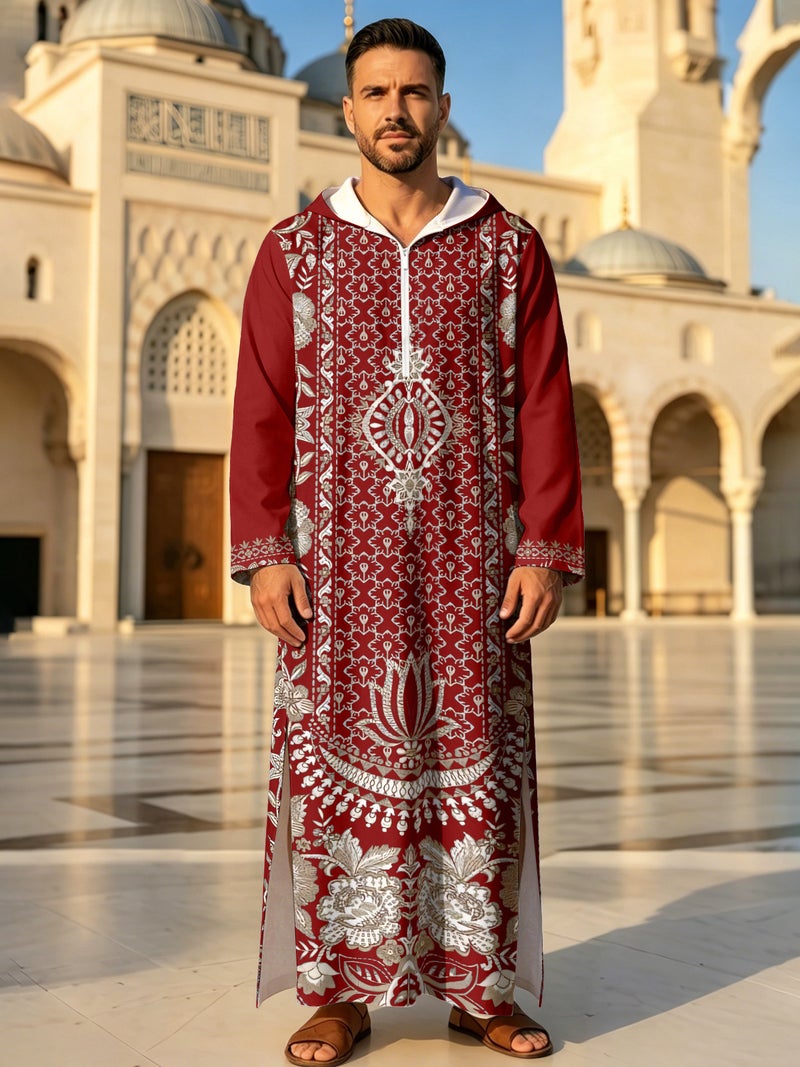 Men's Summer Moroccan Hooded 3D Digital Print Loose Kurta - Image 1