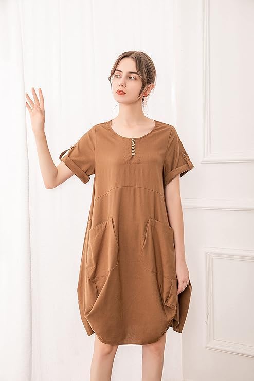 Minibee Women's Ruffle Oversize Casual Midi Dresses with Pockets Brown M - Image 2