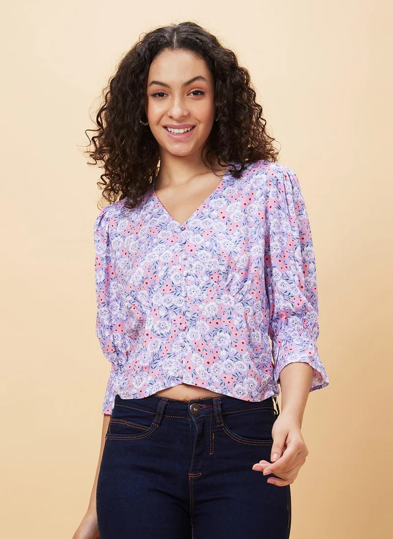globus Globus Women Lavender Floral Printed V-Neck Gathered Detailed Regular Top