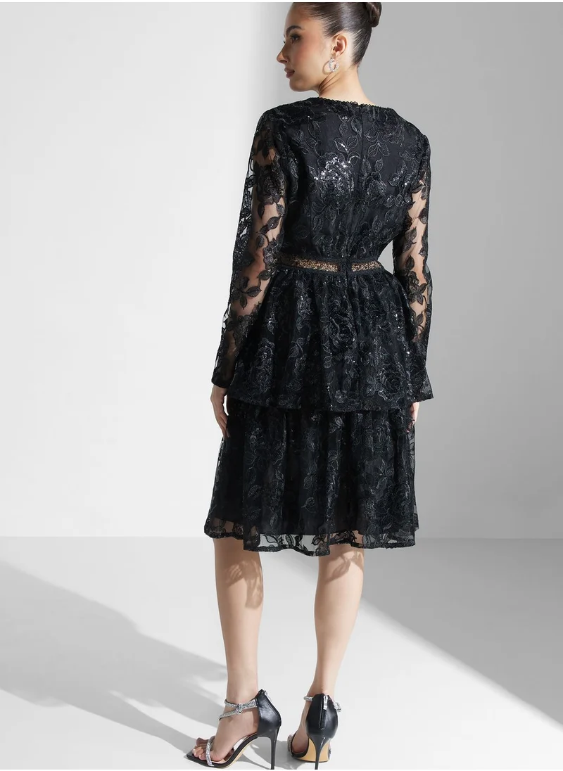 True Decadence Embellished Lace Layered Midaxi Dress