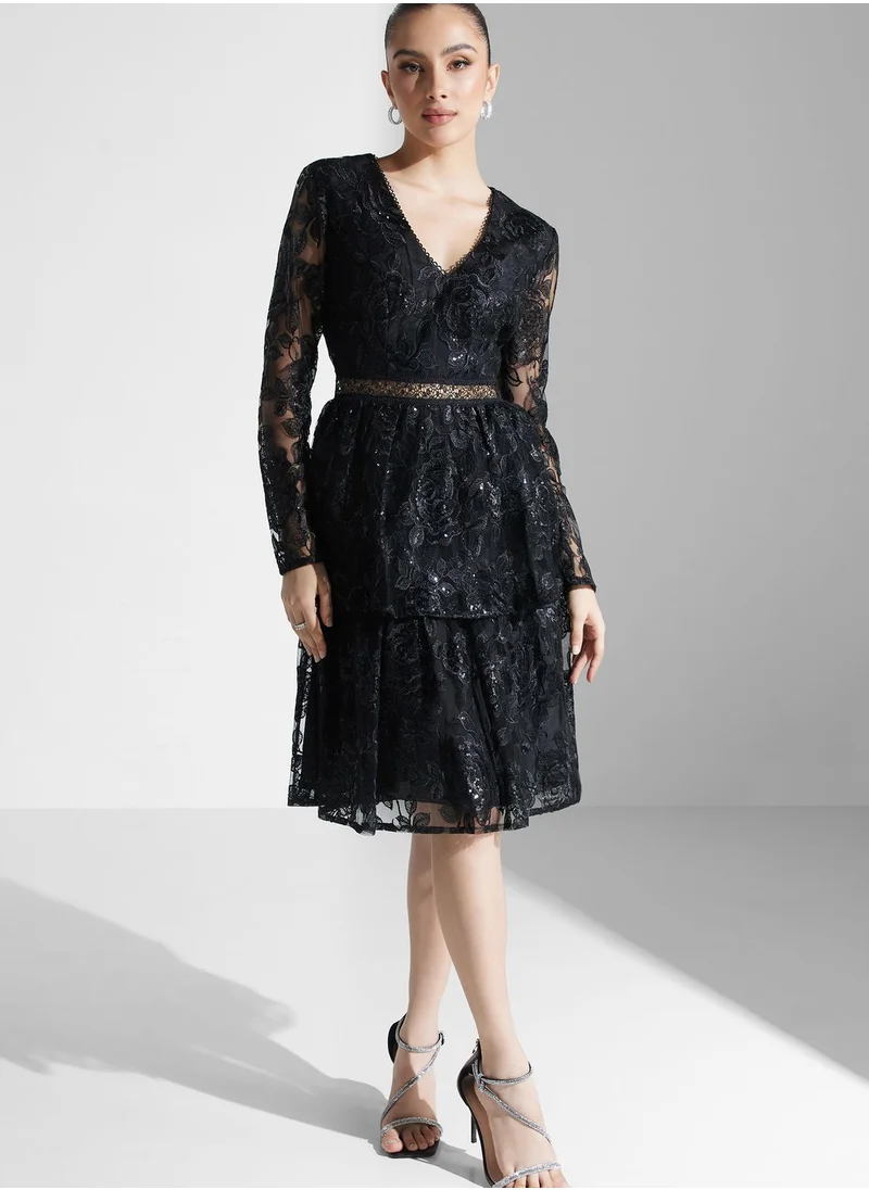 True Decadence Embellished Lace Layered Midaxi Dress