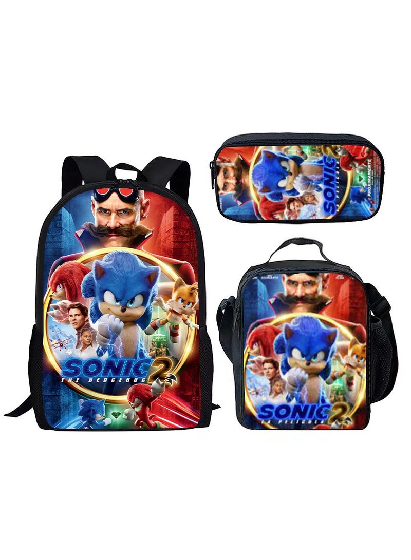 Sonic student large capacity backpack three piece set, anime cartoon backpack, shoulder bag pen bag