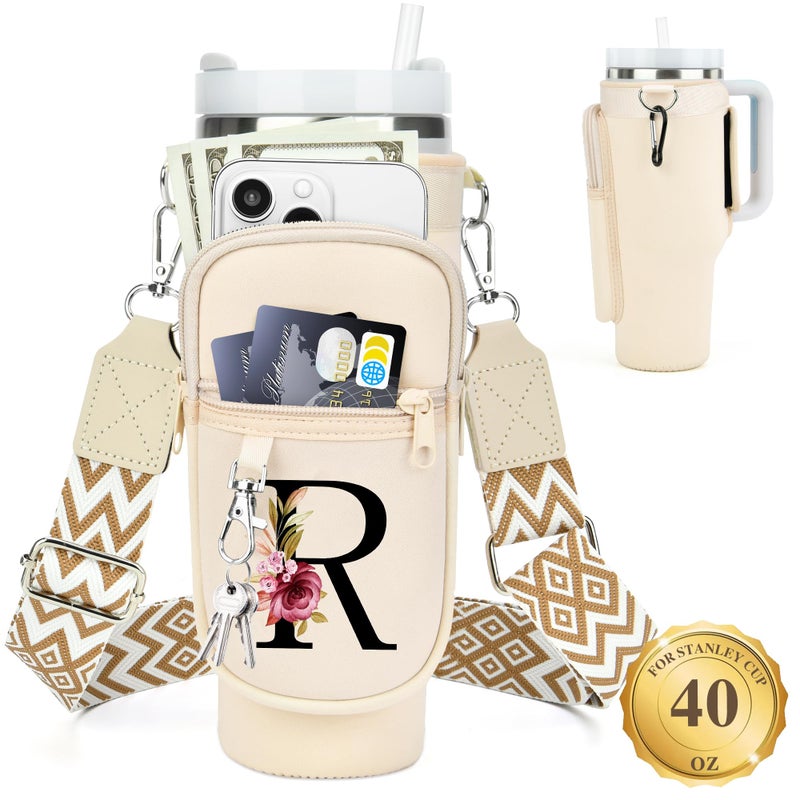 LOKASS Personalized Water Bottle Holder with Strap for Stanley Cup Accessories 40 oz Initial Stanley Cup Holder Carrier Bag with Phone Pocket Stylish Tumbler Accessories for Everyday Carry Beige R - Image 2