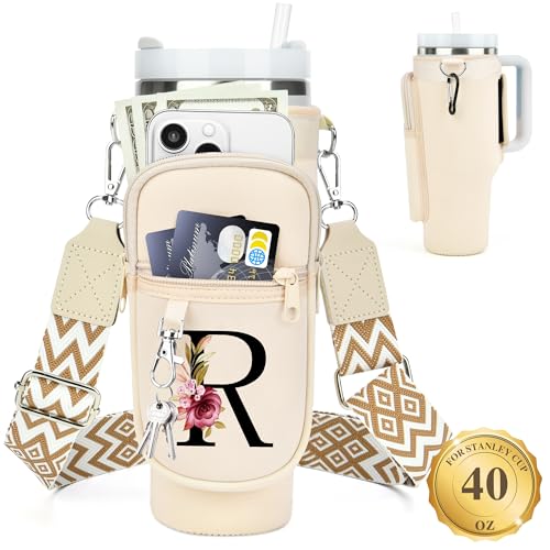 LOKASS Personalized Water Bottle Holder with Strap for Stanley Cup Accessories 40 oz Initial Stanley Cup Holder Carrier Bag with Phone Pocket Stylish Tumbler Accessories for Everyday Carry Beige R - Image 1