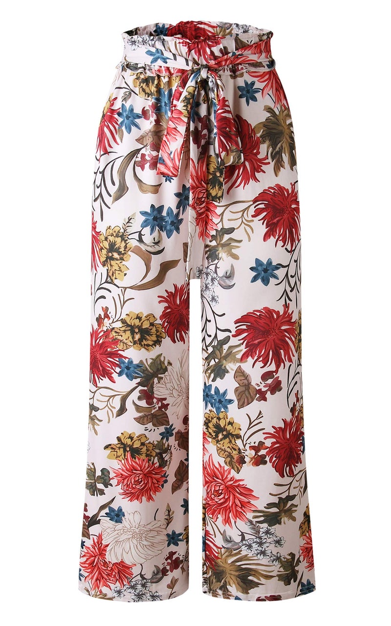 ECOWISH Wide Leg Pants for Women Summer 2024 Palazzo Tropical Floral Belted Casual Lightweight High Waist Flared Trousers with Pockets Pink Small - Image 5