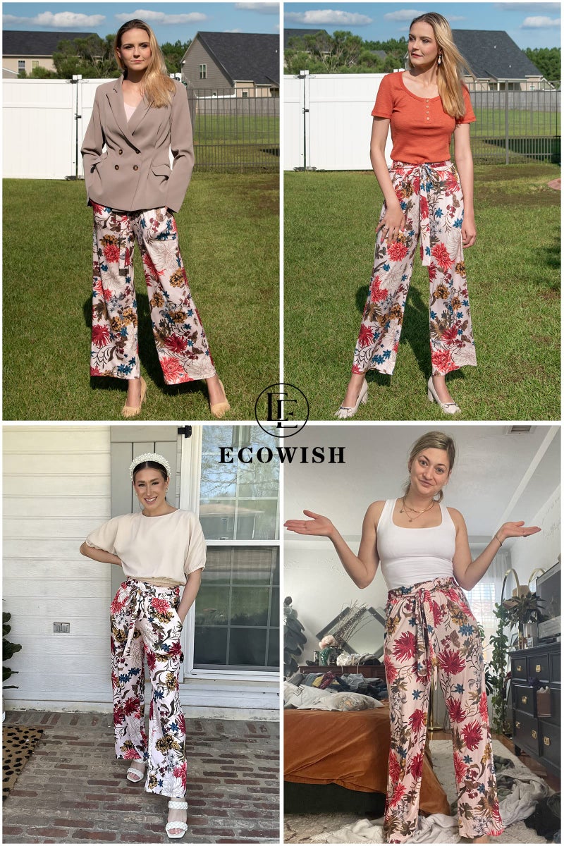 ECOWISH Wide Leg Pants for Women Summer 2024 Palazzo Tropical Floral Belted Casual Lightweight High Waist Flared Trousers with Pockets Pink Small - Image 4