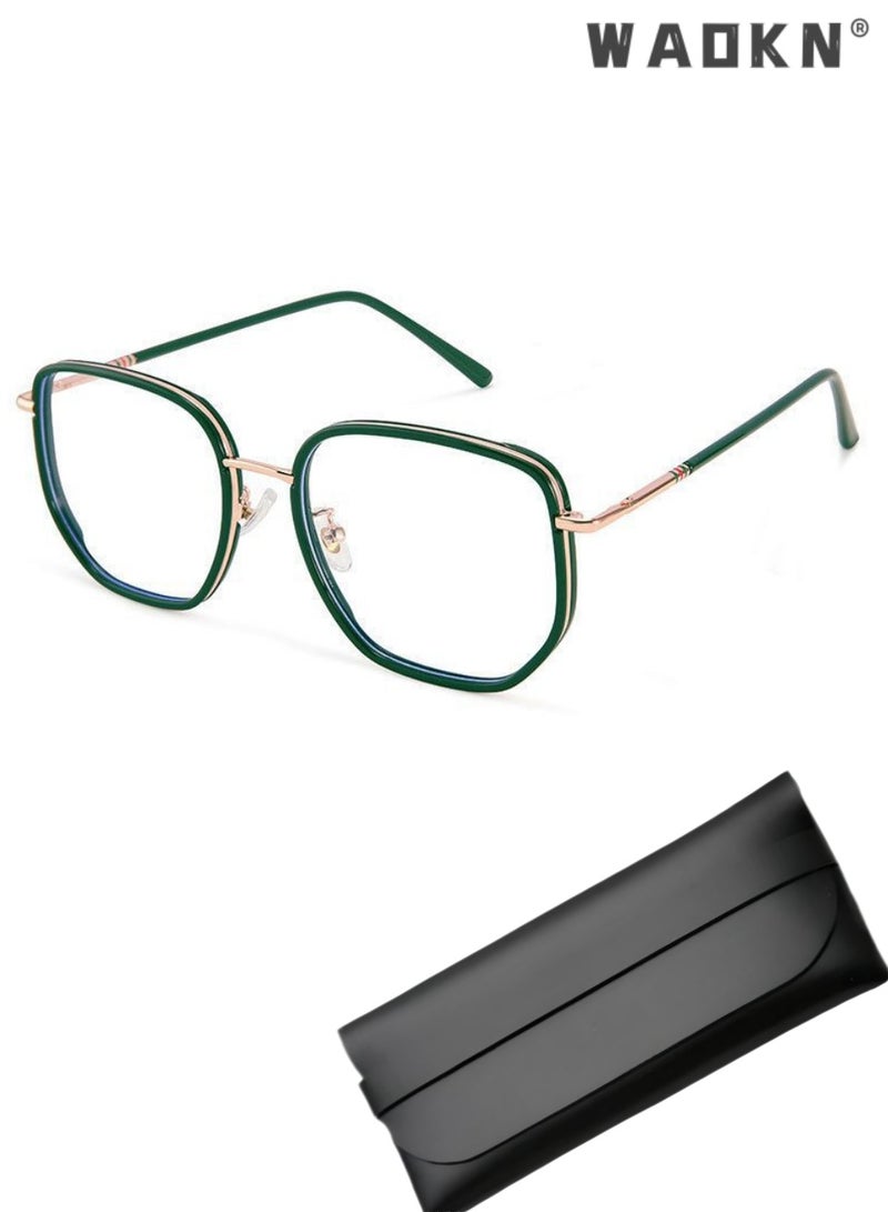WAOKN Unisex Emerald Green Geometric Blue Light Blocking Glasses, Alloy & TR90 Ultra-Light Frame PC Lens, Small Face Fit Blue Light Protection Glasses,Relieves Eye Fatigue,Prescription Friendly Non-prescription Eyeglasses for Daily No-makeup  Office  Wear - Image 1
