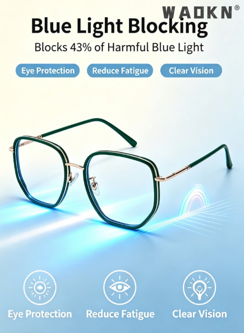 WAOKN Unisex Emerald Green Geometric Blue Light Blocking Glasses, Alloy & TR90 Ultra-Light Frame PC Lens, Small Face Fit Blue Light Protection Glasses,Relieves Eye Fatigue,Prescription Friendly Non-prescription Eyeglasses for Daily No-makeup  Office  Wear - Image 3