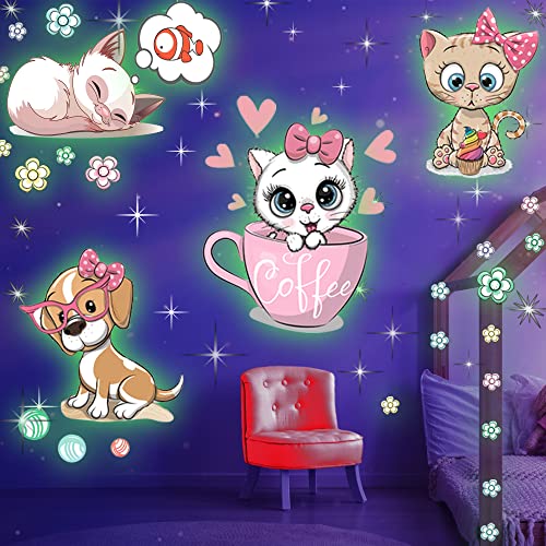 MAFOX Glow in The Dark Cat Stickers with Dog and Fish, Wall Decals Sticker for Kids Bedding Room, Great for Birthday Gift Glowing Cat for Girls and Boys - Image 1