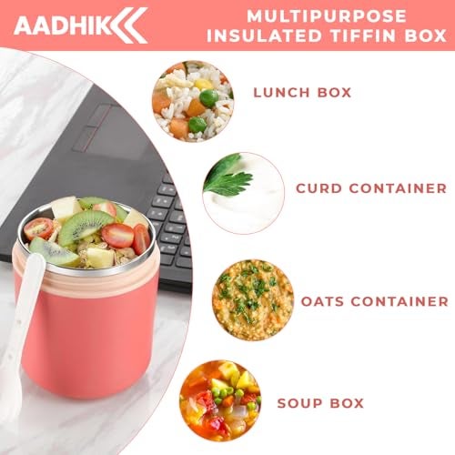 AADHIK Insulated Soup Cup Stainless Steel Water Cup with Spoon Lunch Container Leakproof Food Flask for Hot Food Soup for Kid Adult Office Outdoor Picnic Travel (Pink) - Image 2