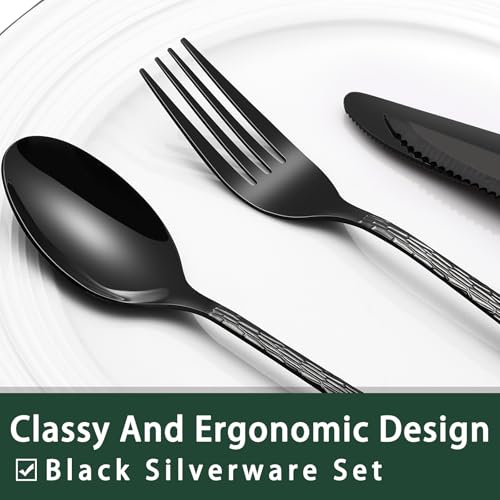 EWFEN Black Hammered Silverware Set With Steak Knives, 24-Piece Stainless Steel Tree Pattern Flatware for 4, Food-Grade Tableware Cutlery, Utensil Set for Home Restaurant, Mirror Finish - Image 3
