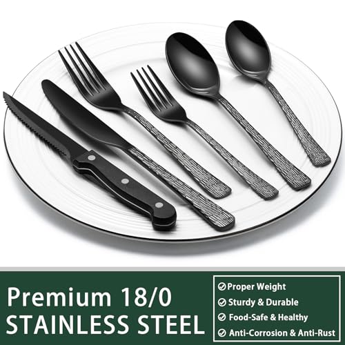 EWFEN Black Hammered Silverware Set With Steak Knives, 24-Piece Stainless Steel Tree Pattern Flatware for 4, Food-Grade Tableware Cutlery, Utensil Set for Home Restaurant, Mirror Finish - Image 5