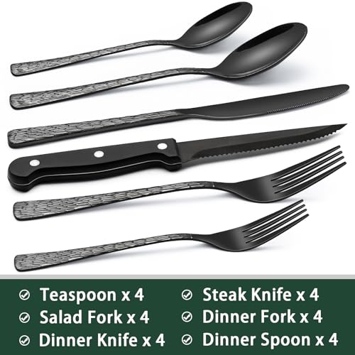 EWFEN Black Hammered Silverware Set With Steak Knives, 24-Piece Stainless Steel Tree Pattern Flatware for 4, Food-Grade Tableware Cutlery, Utensil Set for Home Restaurant, Mirror Finish - Image 2