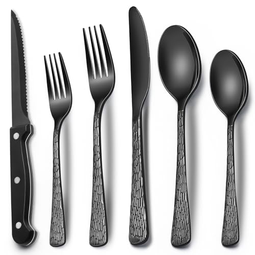 EWFEN Black Hammered Silverware Set With Steak Knives, 24-Piece Stainless Steel Tree Pattern Flatware for 4, Food-Grade Tableware Cutlery, Utensil Set for Home Restaurant, Mirror Finish - Image 1