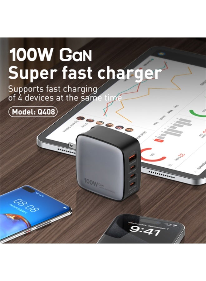 REBENUO 100W GaN Charger with USB Port, 3 Type-C Ports, PD, and QC 3.0 Fast Wall Power Delivery Adapter for Laptops, Grey - Image 3