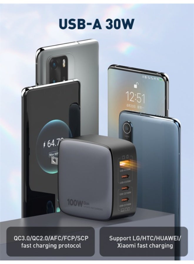 REBENUO 100W GaN Charger with USB Port, 3 Type-C Ports, PD, and QC 3.0 Fast Wall Power Delivery Adapter for Laptops, Grey - Image 2