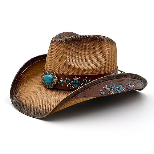 Foeran Men's Women's Straw Cowboy Hat Cowgirl Woven Sun Hat Western Cowboy Hat Two Decorative Bands - Image 1
