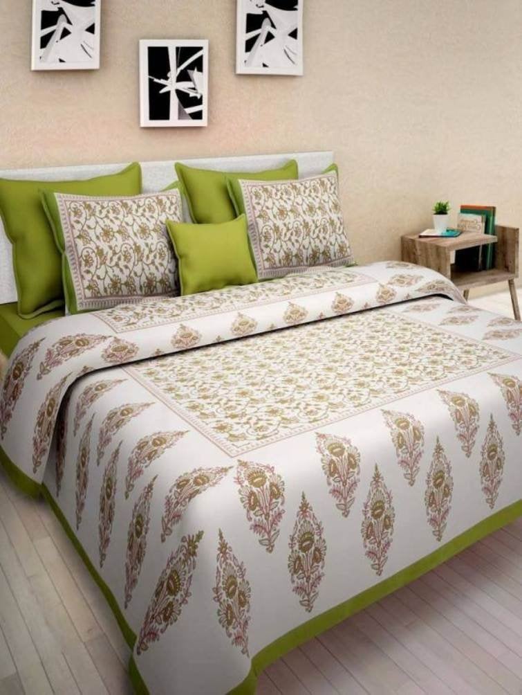 ART WORLD King Size Double Bed Sheet with Pillow Covers Pure Cotton Rajasthani Jaipuri Traditional Printed Bedcover (Green, King) - Image 5