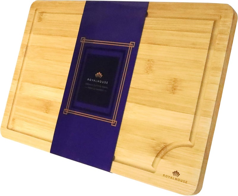 RoyalHouse لوح تقطيع كبير من الخيزران بأبعاد 15x10x0.5، مزود بشق لاستخراج العصير، مناسب لتقطيع اللحوم والجبن، ويأتي أيضًا مع صينية خدمة متينة. - Image 1