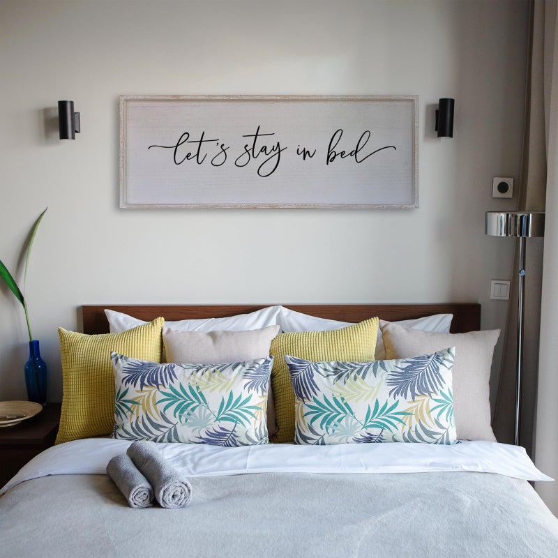 Surfapans Lets Stay In Bed Wall Decor 40â€X15â€ Large Farmhouse Master Room Above Over Bed Rustic Guest Room Sign Beautiful And Simple Plaque Hanging Wall Art Decoration (White) - Image 5